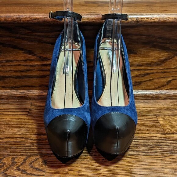 H by Halston Size 6M Blue Suede Platform Stilletto High Heels Black Leather t… - Picture 2 of 8